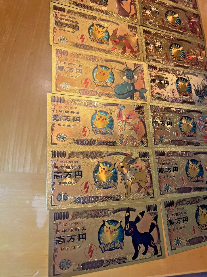 17 pcs Lot - Eevee Evolutions & Mega Evelutions - 24k Gold Foil Banknote Pokemon